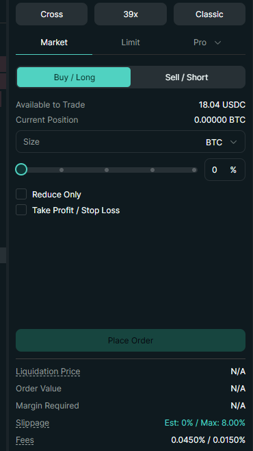 Trading panel with direction and size inputs